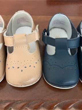L'Amour T-Strap Baby Shoes in Tan and Navy